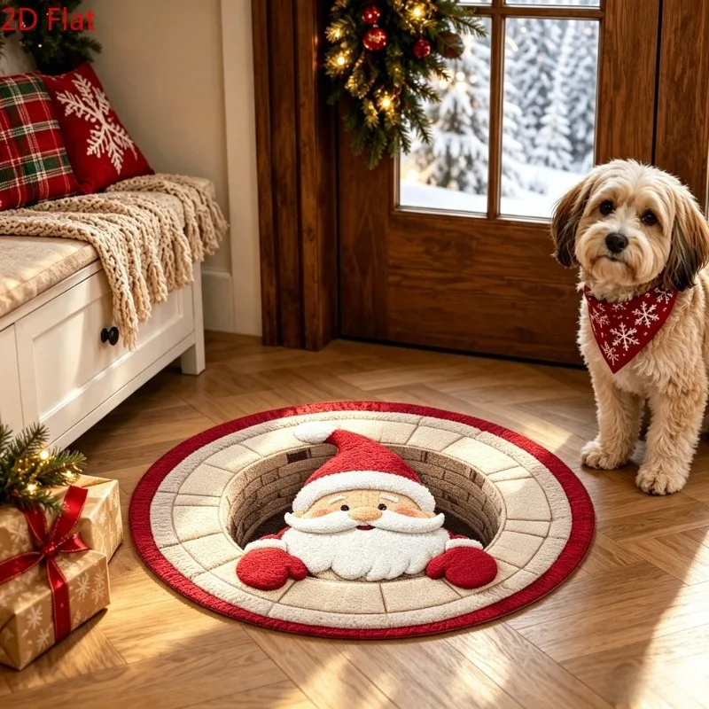 Santa Claus Entryway Peeking From Brick Well Hole Playful Illusion Design Wood Door Foyer Floor Accent 80x80cm