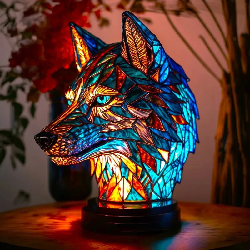 Resin Stained Glass Table Lamp Animal Bedside Lamp Resin Craft Night Light Creative Ornament Living Room Home Bedroom Decoration