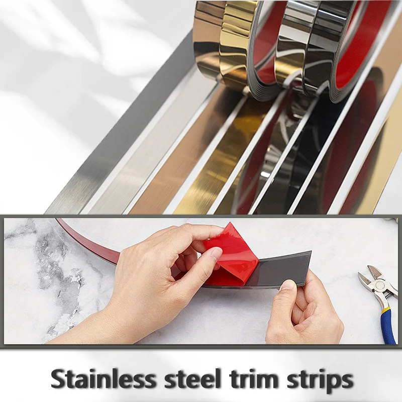 خط ديكور من الفولاذ المقاوم للصدأ بطول 5 أمتار مقاوم للماء ومتين، مع دعامة لاصقة يمكن تقشرها وسحبها للالتصاق