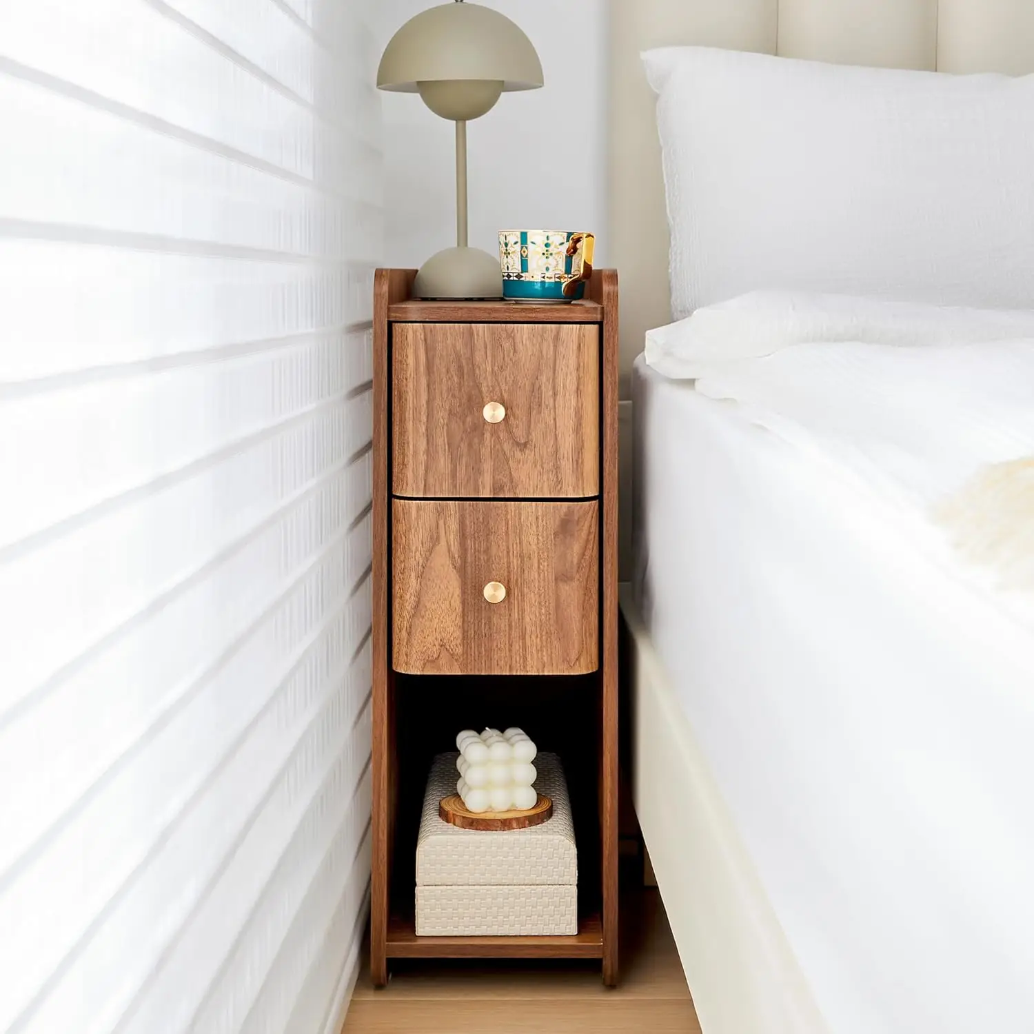 

Narrow Wooden Nightstand with 2 Drawers, Mid Century Modern Bedside Table for Small Spaces, 1 pc, Walnut, Customized