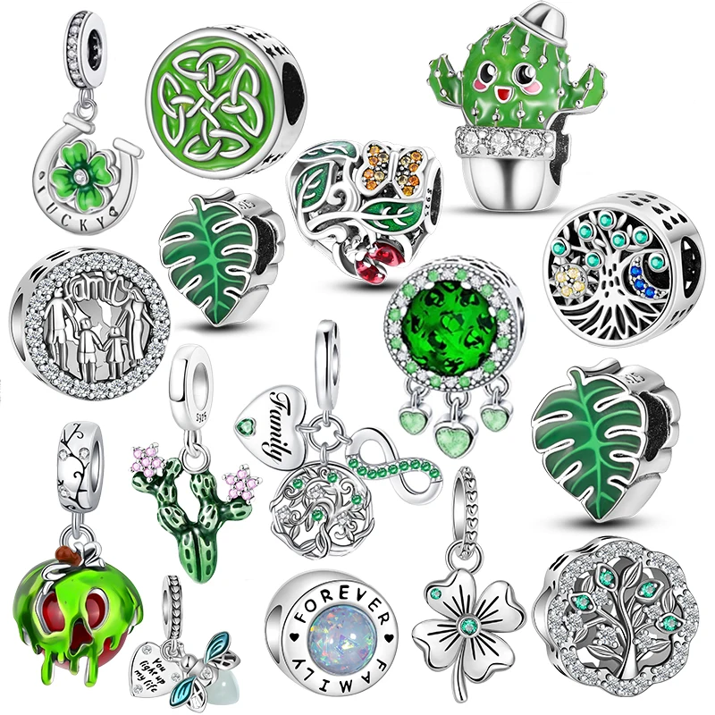 

925 Sterling Silver Green Series Flower Tree Pendant DIY fine beads Charms Fit Original Pandora Charm Bracelet Women Jewelry