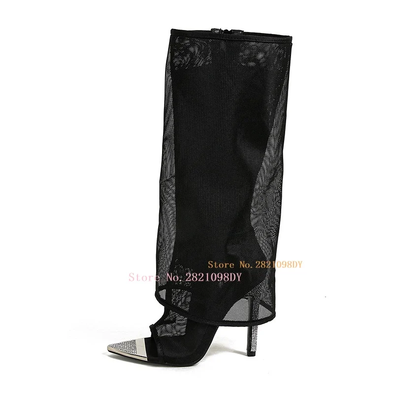 

Pointy Toe Black Mesh Stiletto Heeled Crystal Knee High Boots Women's Shoes Open Toe Fold Over Sexy High Heel Long Bota