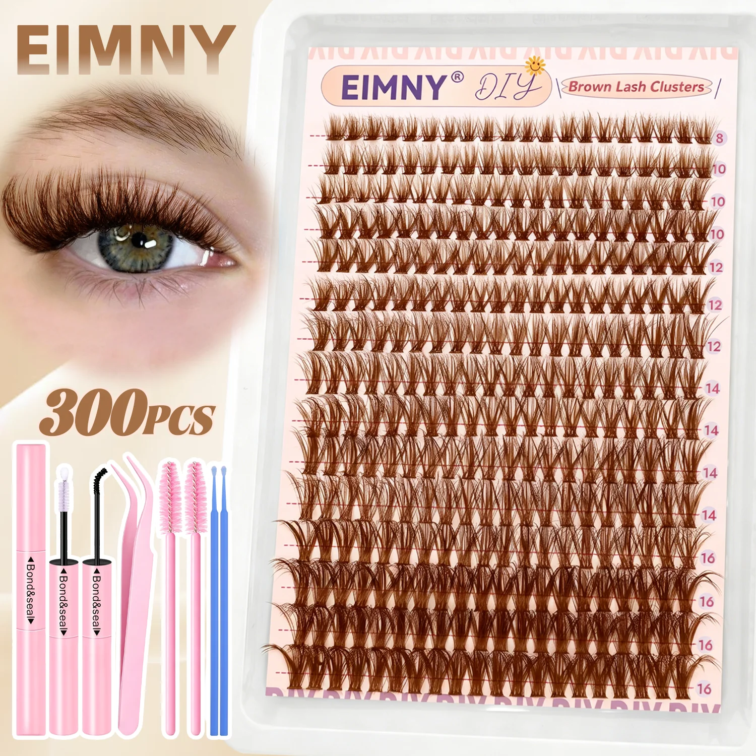 EIMNY 300PCS Natural Brown Individual Cluster Lashes. Warm Brown Tones Seamlessly Merge With Your Real Lashes To Skip The Fake