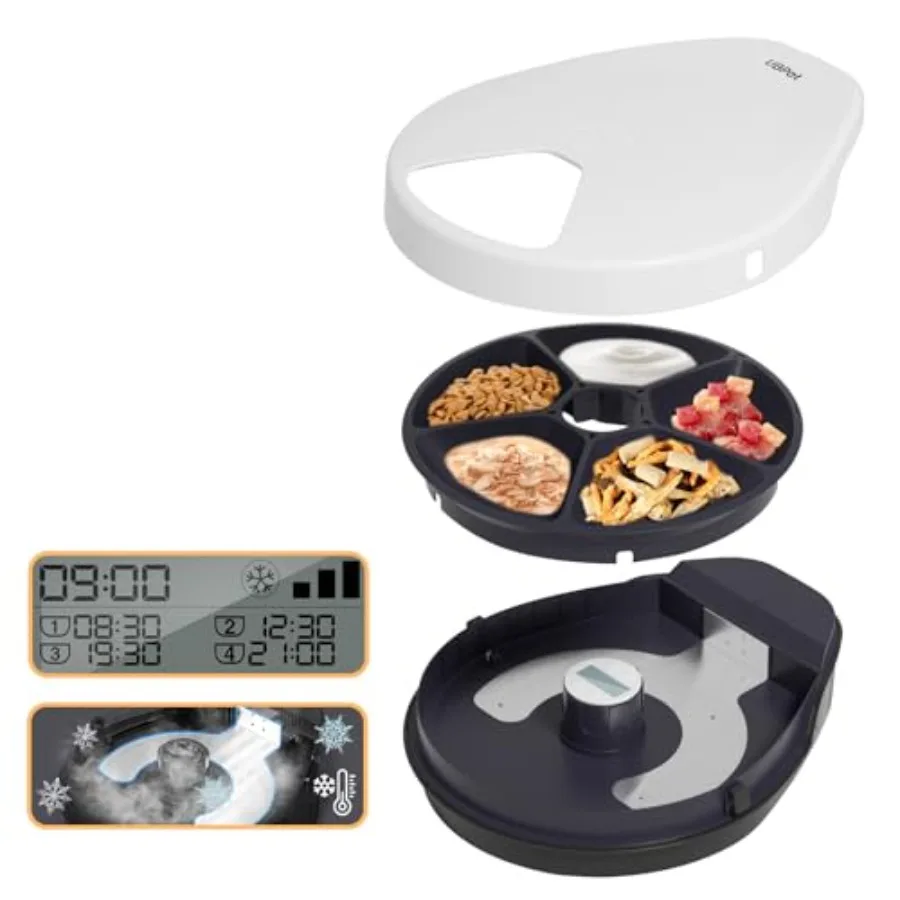 

UBPET Cat Wet Food Automatic Feeder with Cooling Semiconductor Refrigeration with Timer 5 Food Compartments for 330g Pet Food E