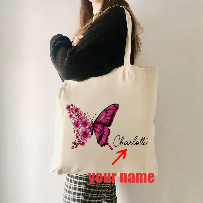 Personalized Breast Cancer Awareness Pattern Tote Bag Gifts for Her Pink Ribbon Gift Custom Name Wedding Birthday Shopping Bag