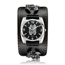 New Cool Black Skull Leather Quartz Watch for Men's Casual Punk Sports Watch Accessories Renogio Masculino