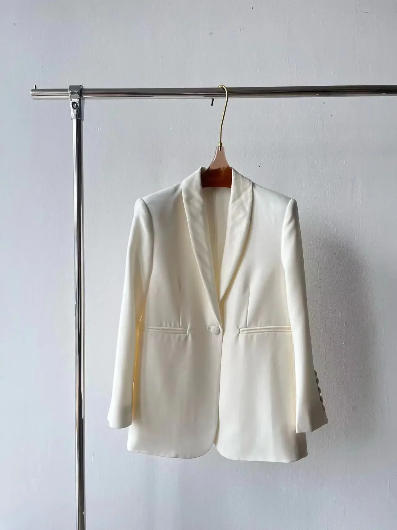 

** 2024 Spring Women's Blazer Silk Wool Blend White Single Button Casual Blazer Jacket For Woman Female Top's Clothing