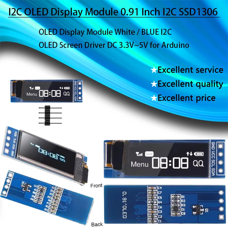 I2C OLED Display Module 0.91 Inch I2C SSD1306 OLED Display Module White / BLUE I2C OLED Screen Driver DC 3.3V~5V for Arduino