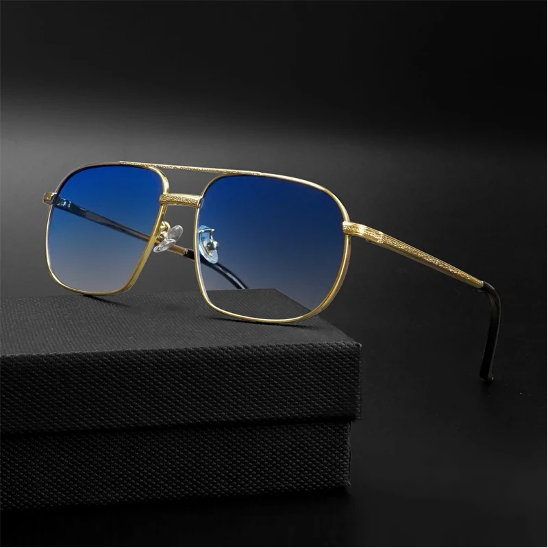 2023 New Polygon Driving Sunglasses Male Retro High Quality Metal Sun Glasses Women Blue Gradient Double Bridge Eyewear UV400