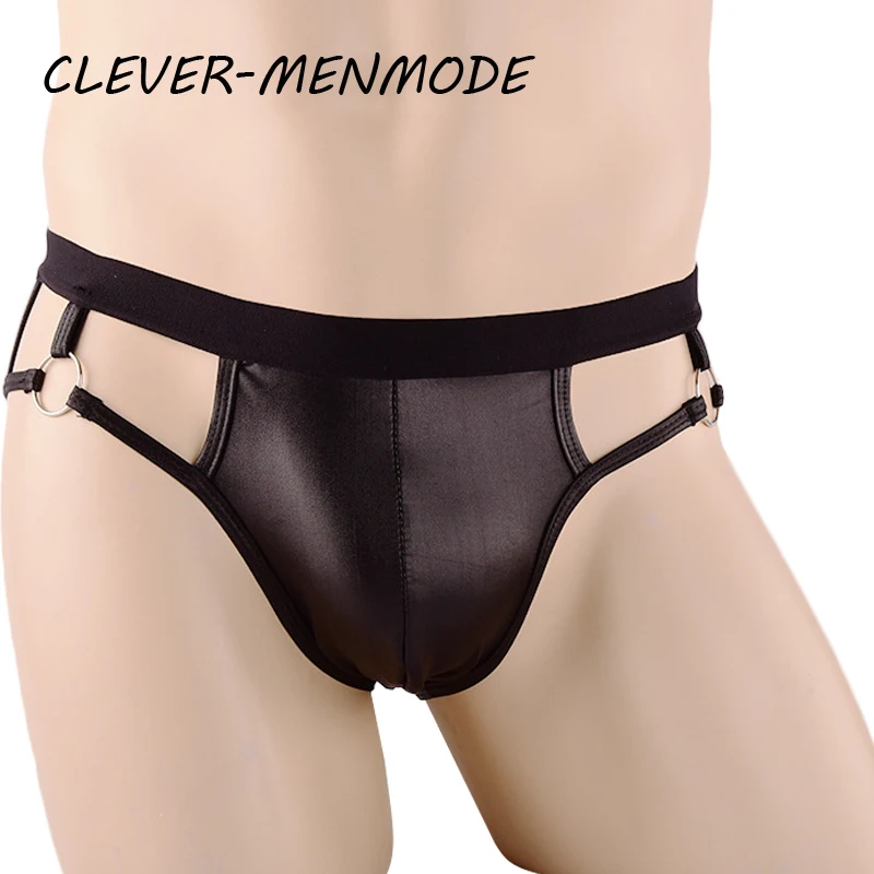 Men\'s Sexy Underwear PU Faux Leather Briefs Bulge Penis Pouch Thong U Convex Backless Bikini Open Butt Jockstrap Fetish Lingerie