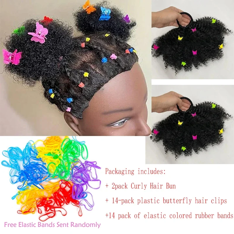 2 Packs Bell Checkered Bow Clip and go afro Kinky Marley Ponytail With Elastic Band soft feel like Natural Human Hair for Girls