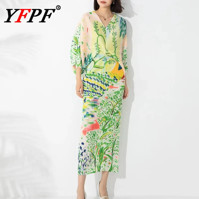 

YFPF Women Fashion Print Design Miyake Pleated Long Dress V Neck Batwing Sleeve Long Dresses Elegant 2025 New Clothing 3A135