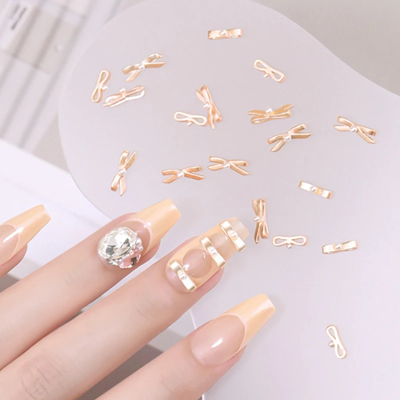 10 個ゴールドシルバーバレエリボンネイルチャーム 3D パールバレリーナ合金弓リボンネイル装飾部品 DIY レトロフレンチネイルアート部品