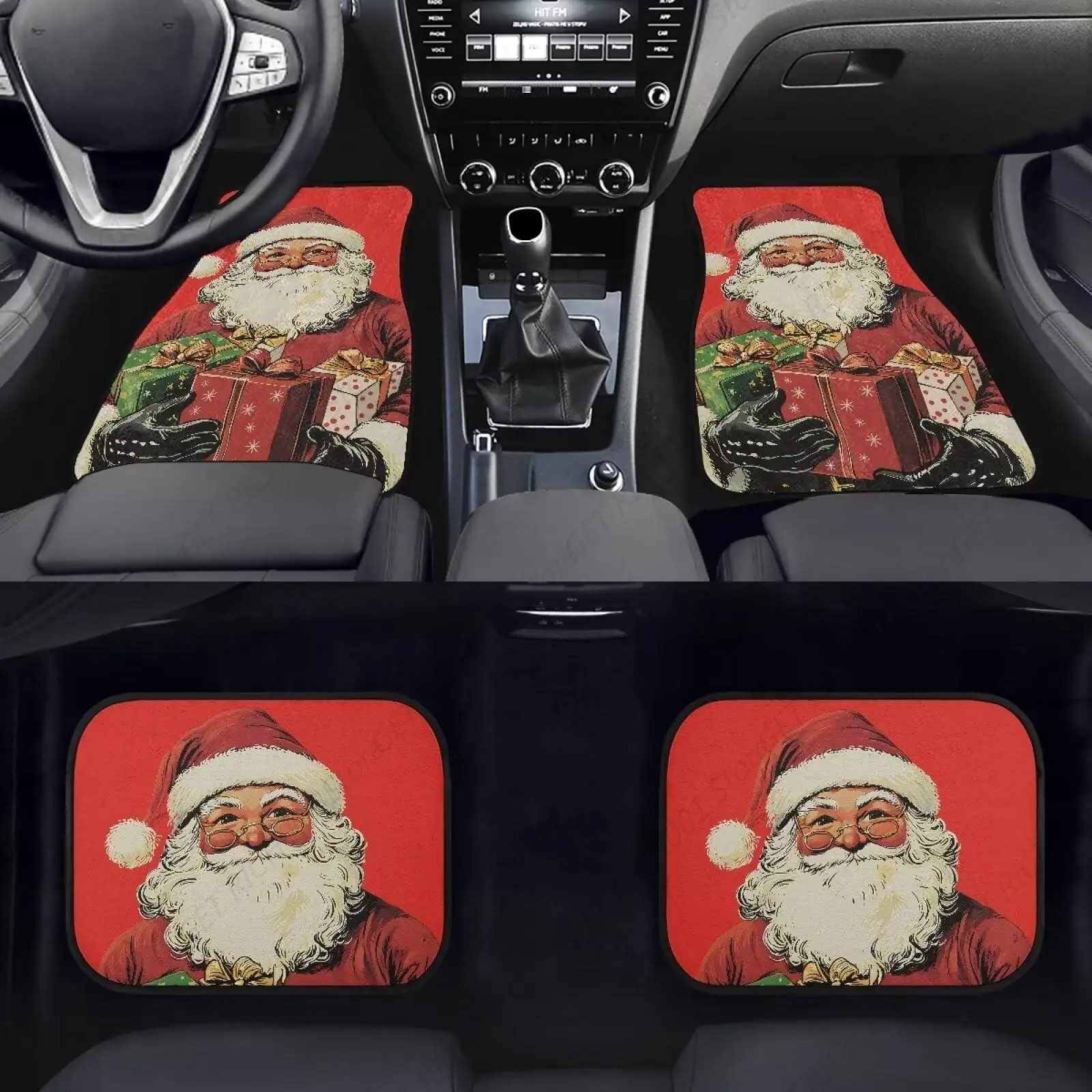 Red Christmas Santa Claus Car Floor Mats,Floral Print Vehicle Floor Protection Auto Interior Accessories Front Rear Floor Mats