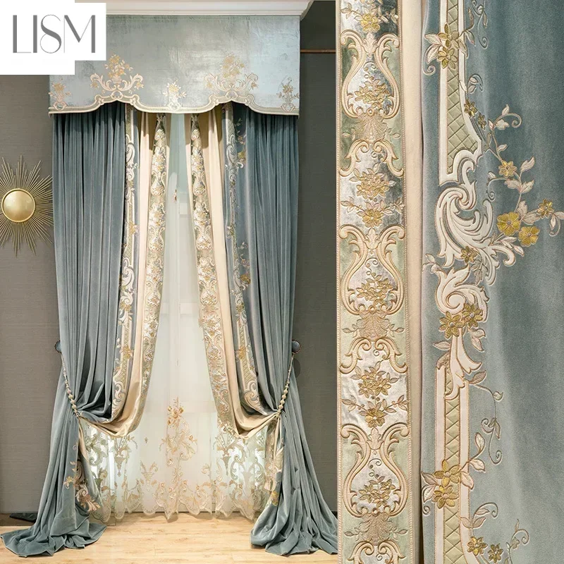 European Embroidered Thickened Blackout Blue Velvet Curtains For Living Room Bedroom Blackout Dining Lace Luxury Valance Tulle
