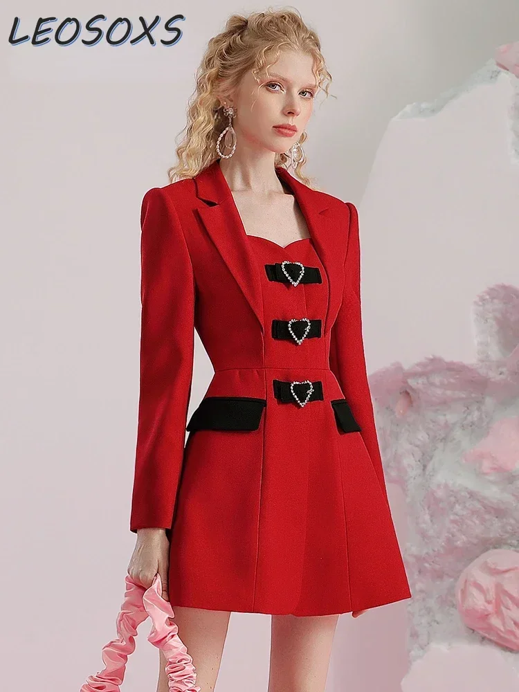 

2023 Winter New Elegant Temperament Red Mini Dress Officially Simple Design Love Turn-down Collar Women Dress Women Clothing