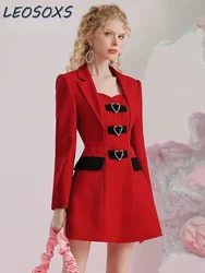 2023 inverno nuovo elegante temperamento rosso Mini abito ufficiale Design semplice amore colletto rovesciato donne vestono abbigliamento donna