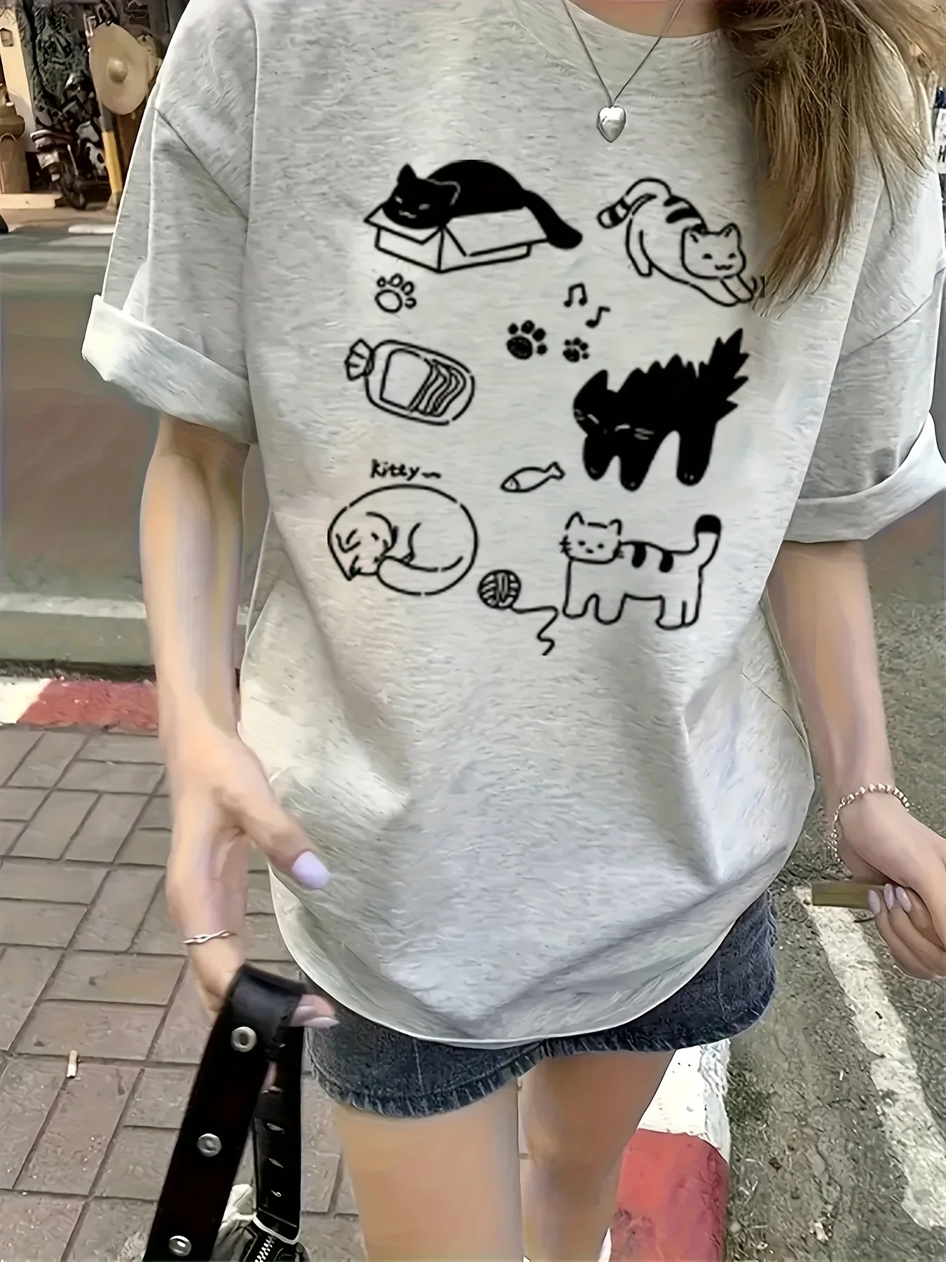 Women's Light Grey Cartoon Cat Print T-Shirt - Playful "I Love You" & "Dad" Graphic Fit Summer Casual Tee Aesthetic Clothes