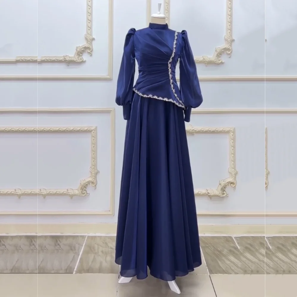 

Customized Charmeuse Pleat Rhinestone High Collar Long Sleeves A-line Long Dresses Bespoke Occasion Formal Evening Dress Glitter