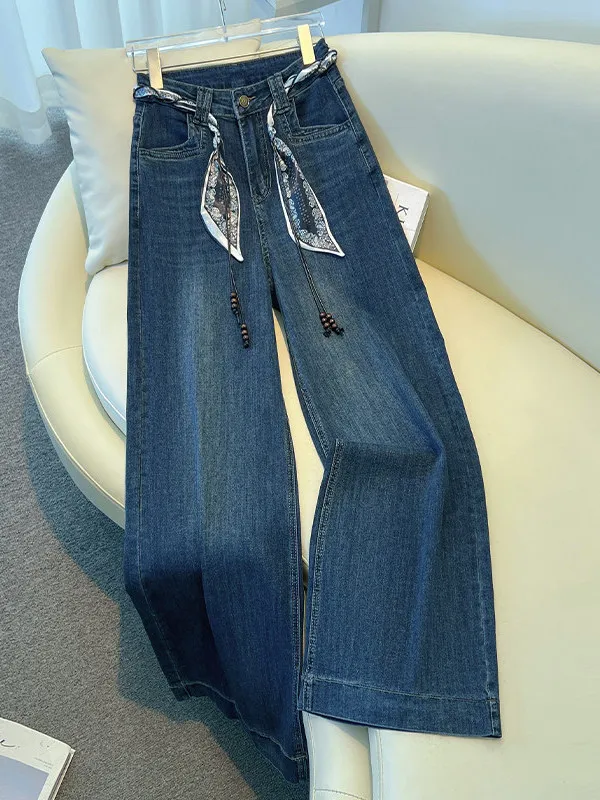 Denim Blue Wide Leg Pants Women's Autumn Winter New Style Four Sided Elastic Loose Straight Floor Length Trousers
