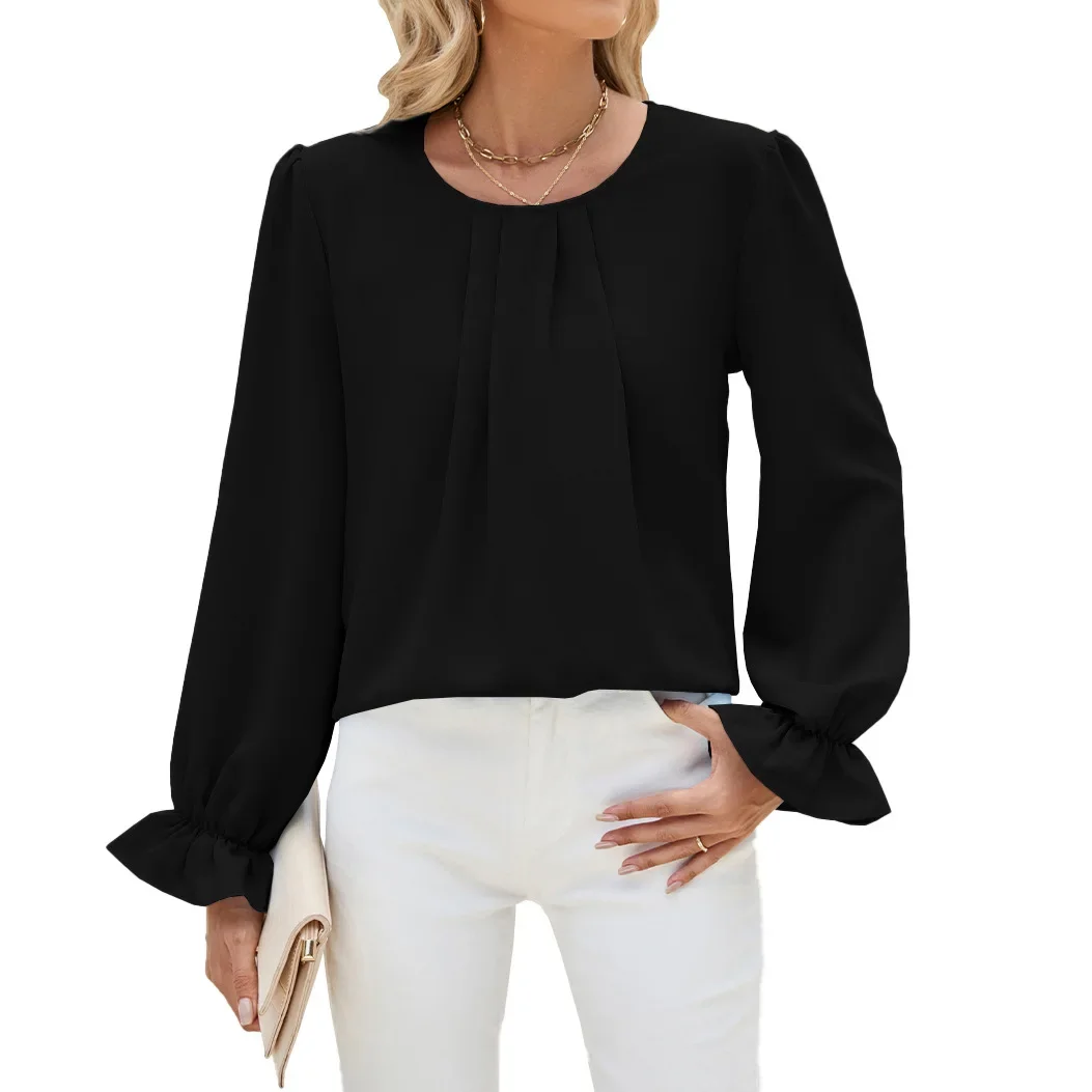 Autumn and Winter Casual Solid Color Round Neck Loose Long-sleeved Chiffon Top Bottoming Shirt