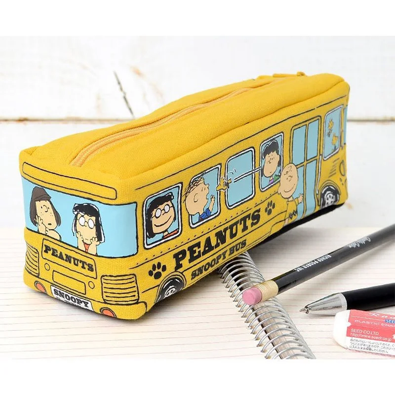 Cartoon Snoopy Bus Pencil Bag Canvas Large Capacity Car Zipper Pen Pencilcase for Student Stationery School Supplies kids gift