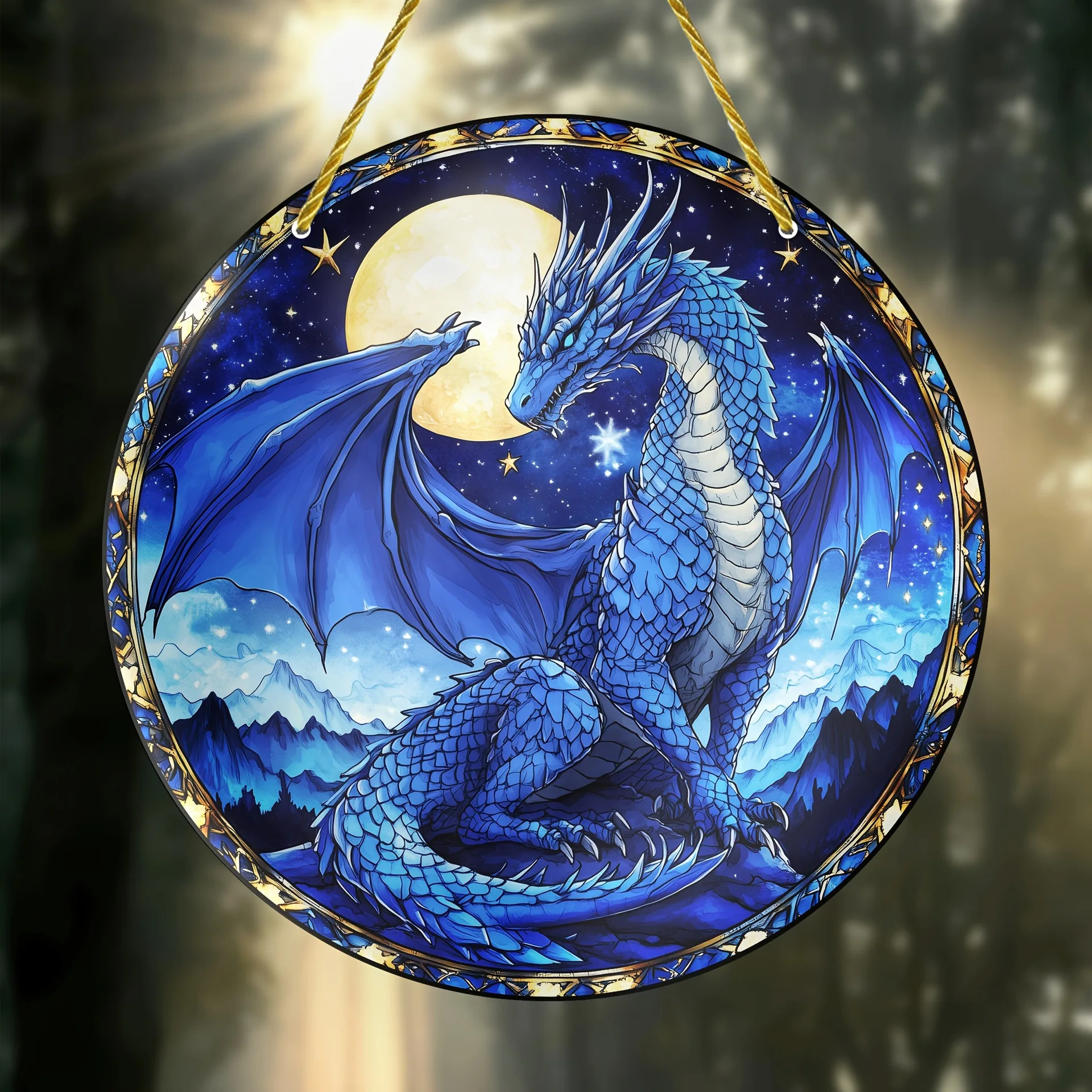 

A glittering blue dragon pendant mythical creature home decoration window decoration porch listing