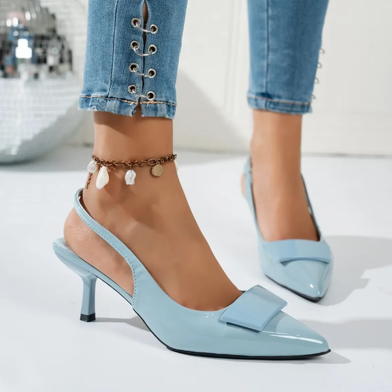 

Elegant blue fashion hook-top pointed-toe ladies' high-heeled sandals. Summer style elegant hostess dress shoes. Formal shoes.