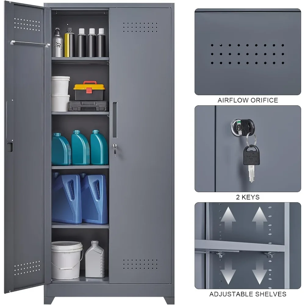 ตู้เก็บของโลหะทรงสูงมีประตู ตู้เก็บไม้กวาดพร้อมแผ่นเพ็กบอร์ดแบบถอดได้ ราวแขวน และตะขอรูปตัว S เพื่อการใช้งานที่สะดวก