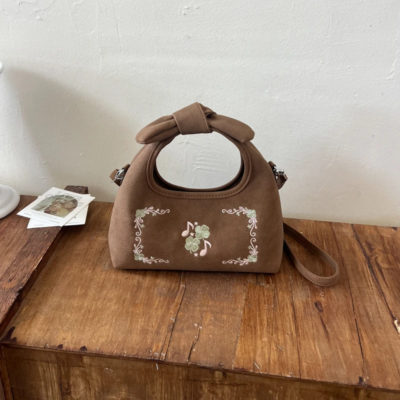 2026 New Vintage Bow Top Handle Hobo Bag Clover Musical Note Embroidery Handbag Detachable Strap Crossbody Purse for Women