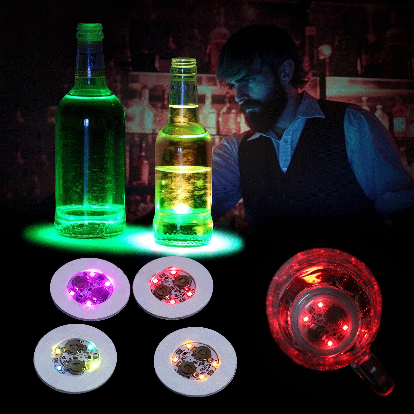 Colorful LED Glow Coasters Lamp with Battery Christmas Bar Party Atmosphere Lamp Novelty Super Bright Bottle Cup Stickers Light