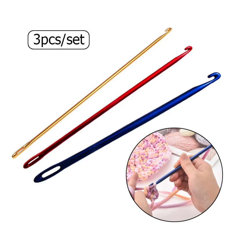 3Pcs Knitting Hook DIY Aluminum Crochet Hook Afghan Tunisian Knit Tool with Needle Eye Hand Knitting Tool 3 Colors Sewing Needle