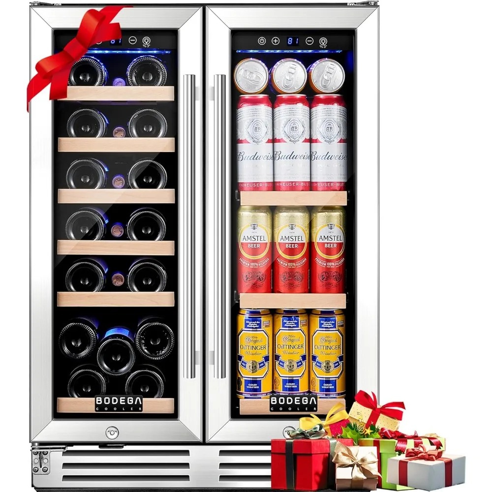 

24 Inch Wine and Beverage Refrigerator, Dual Zone Wine and Bar Beverage Cooler, Commercial Black Bar Cooler With 2 Glass