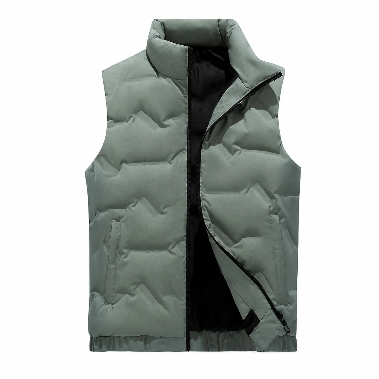 Men's Thick Warm Simple Down Vest with Stand Collar Zipper Front Solid Color Side Pockets Black Lining Elastic Hem for Winter