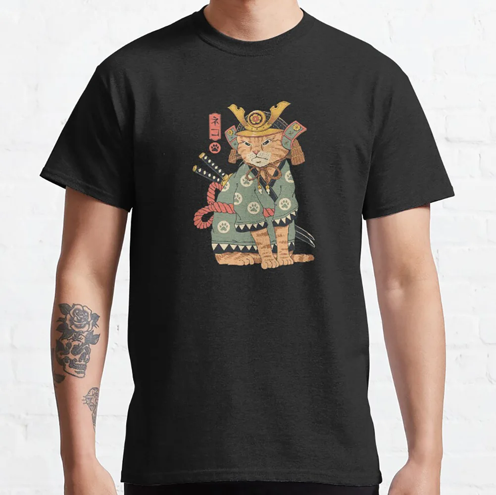 

Neko Samurai cat warrior Gift t shirt for cats lover 100% cotton printed tee Short Sleeve Graphic Clothes All size tops S-6XL