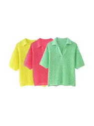 Women Fashion Pointelle Knit Loose Sweater Polo Collar Short Sleeve Female Pullovers Chic Tops