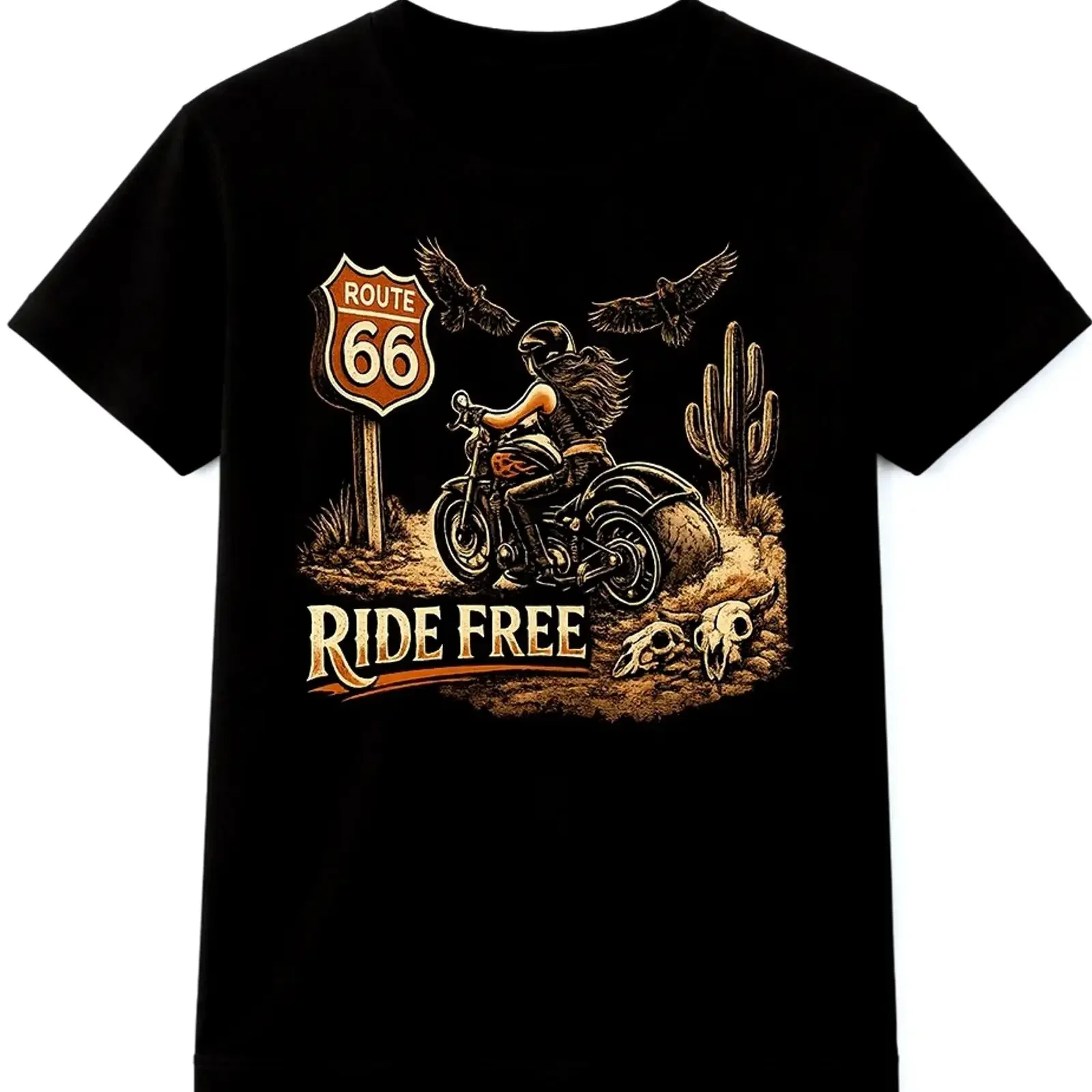 Route 66 Biker T Shirt Motorcyclist Vintage Road Trip  vintage Washed Stylish Comfortable Stretched Top For Everyday Wear