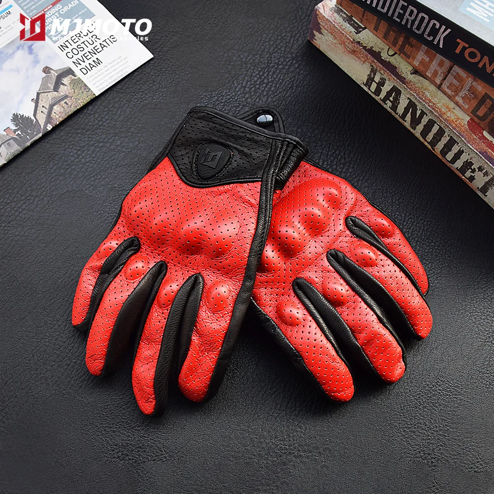 

Retro Red Motorcycle Leather Gloves Men Summer Perforated Vintage Leather Motorbike Motorcross Cycling Guantes Moto Biker Glove