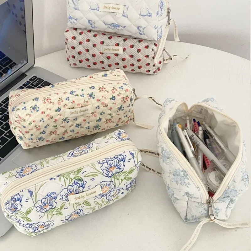 peca retro chique lapis case para criancas bonito floral morango gato lapis bolsa duravel veludo estudante papelaria bolsa de armazenamento 1 01