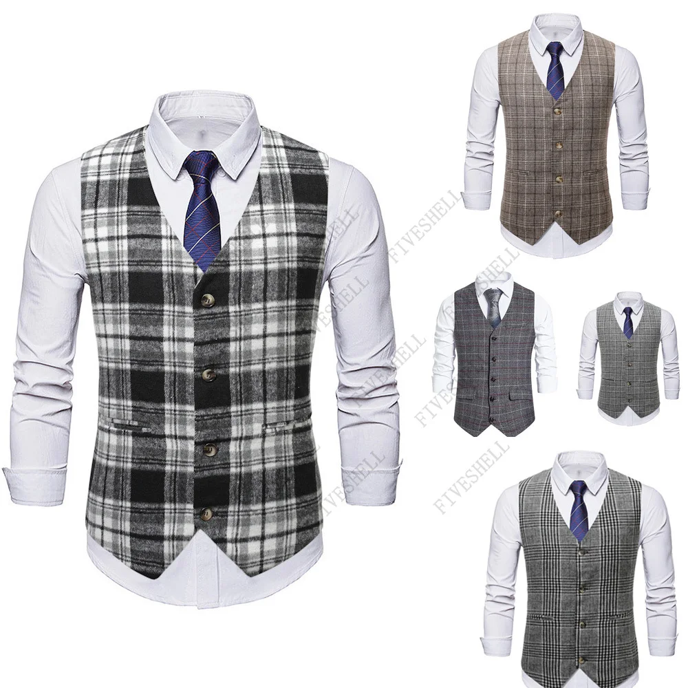 

2024 Mens Business Suit Vest Herringbone Tweed Dress Waistcoat Men Casual Bar Nightclub Plaid Vests Male Chaleco Hombre