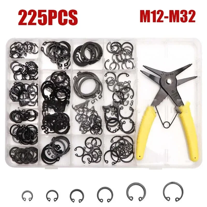 225Pcs C-type Washers with Circlip Pliers Set Circlip Gasket Retaining Ring Shaft Stop Snap Ring Tool Car Accessories M12-M32