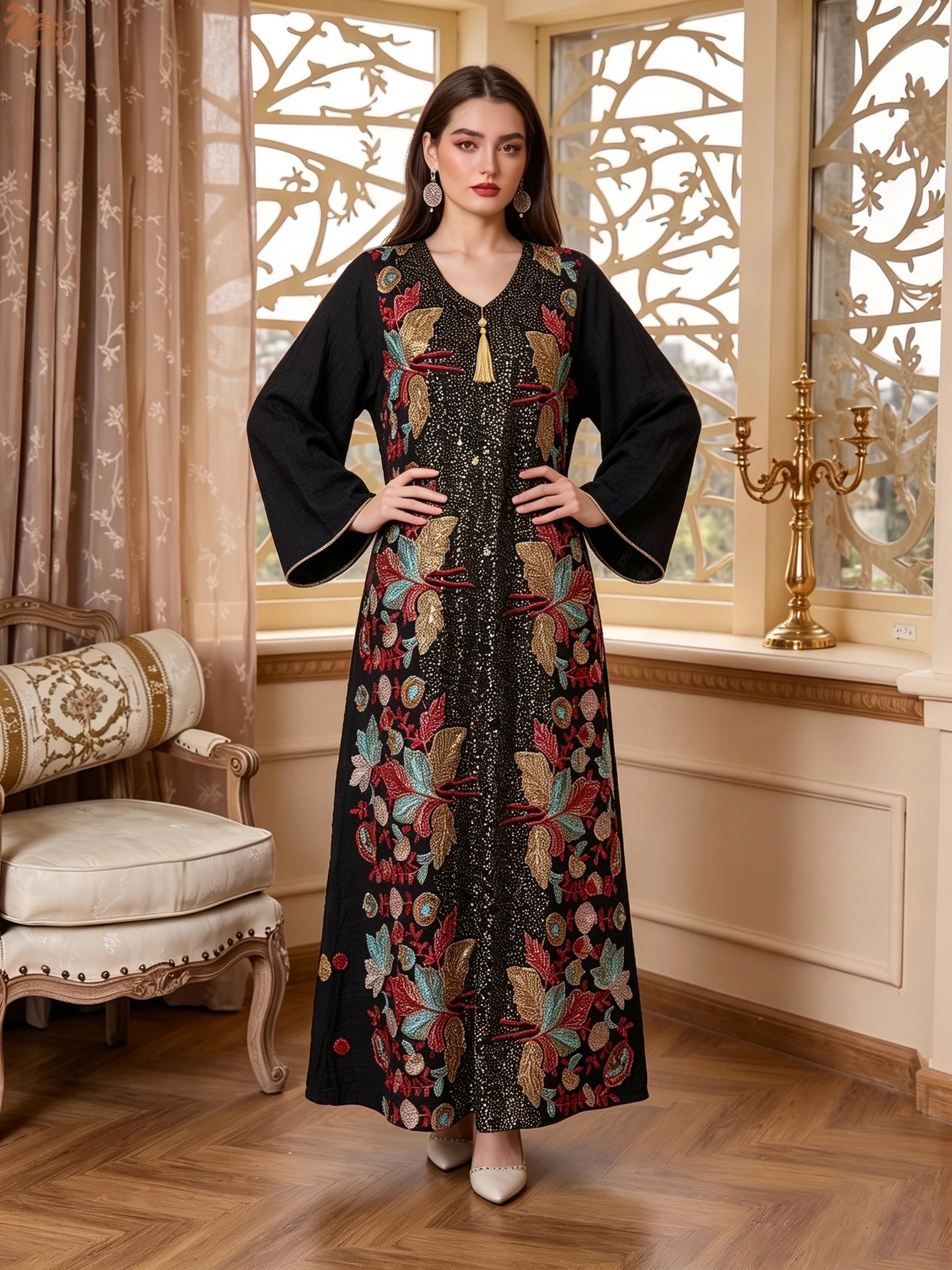 Uni Muslim Fashion Floral Embroidery Casual Abaya Flare Sleeve V-Neck Tassel Dress Moroccan Dubai Women Robe
