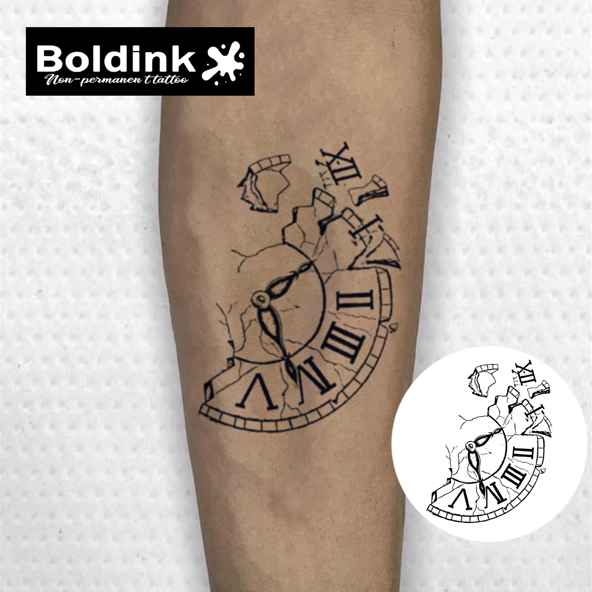 Boldink Shattered Clock Temporary Tattoo,Lasts To 15 Days New