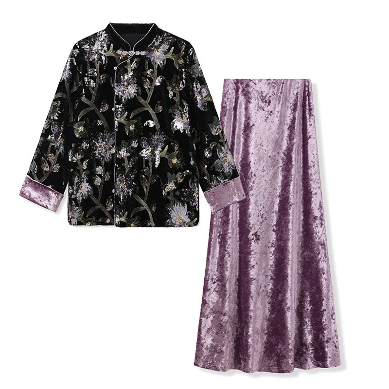 Nuovo cappotto con paillettes ricamate in stile cinese, mezza gonna da donna in due pezzi
