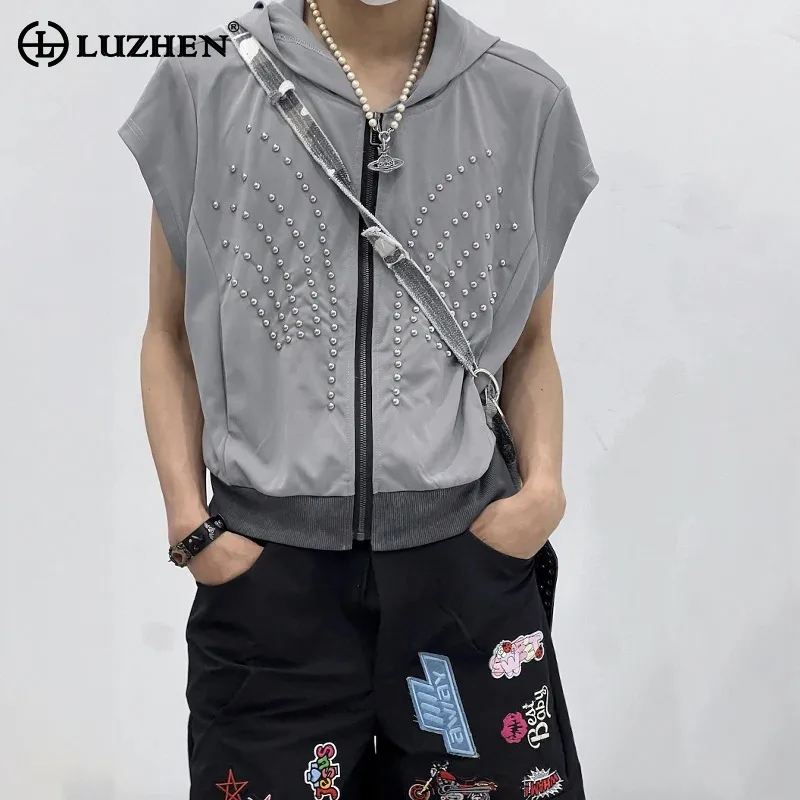 

LUZHEN 2025 Summer Personalized Pearl Patchwork Decorate Sleeveless Hoodies Shirts Men's Original Street Handsome Clothes JY3132