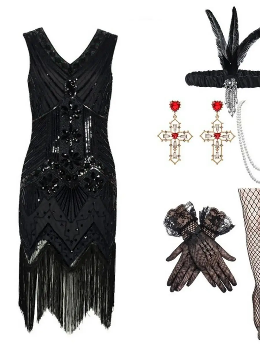 920s eat Gatsby Evening Dr Tassel Large Size V-ne Dr Set Banquet Evening Gown Polyester Material Ladies Faion