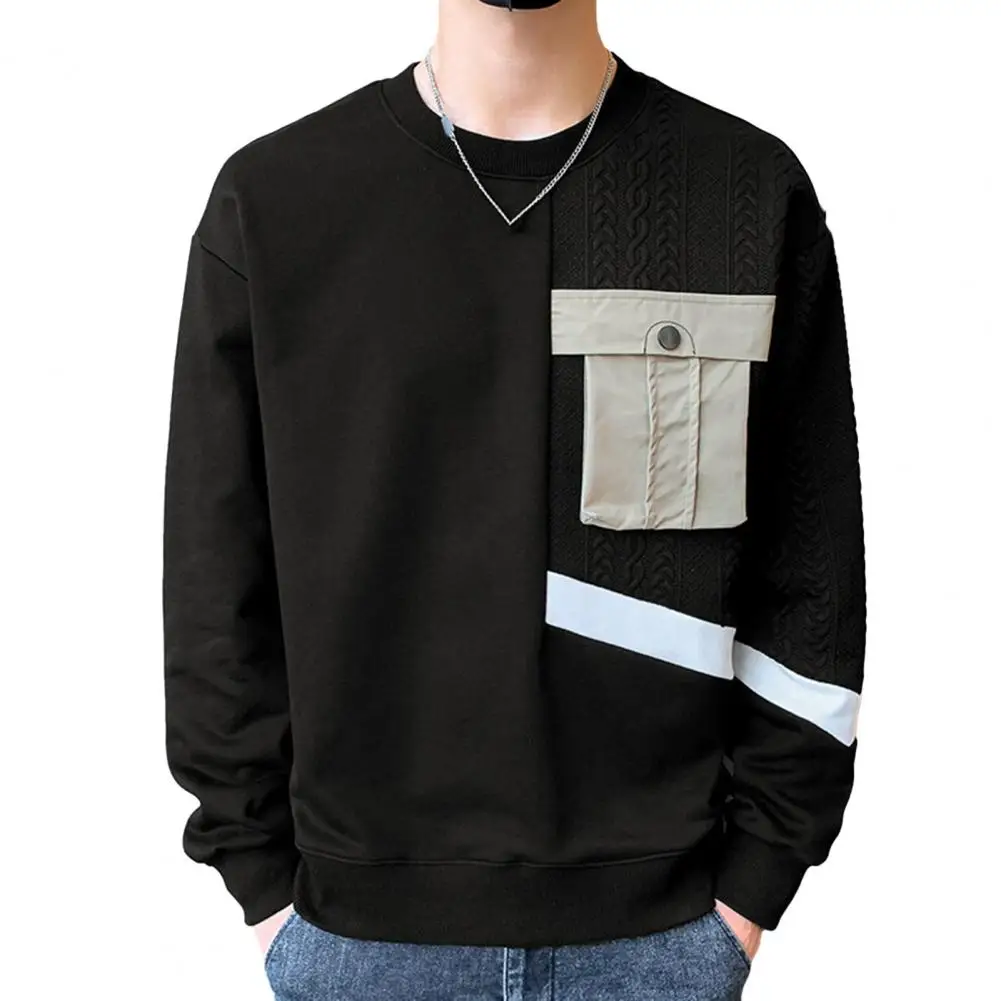 Men Sweatshirt Men's Round Neck Applique Pocket Patchwork Sweatshirt Soft Breathable Long Sleeve Pullover for Fall Spring Daily