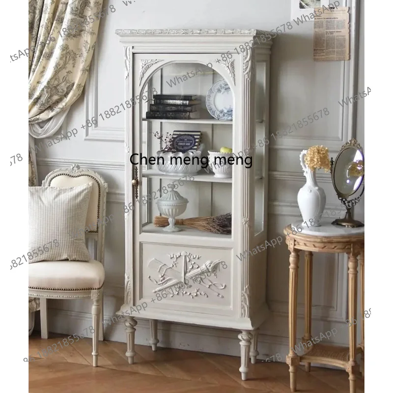 

French retro white wine cabinet American European carved dining side cabinet glass display bookcase