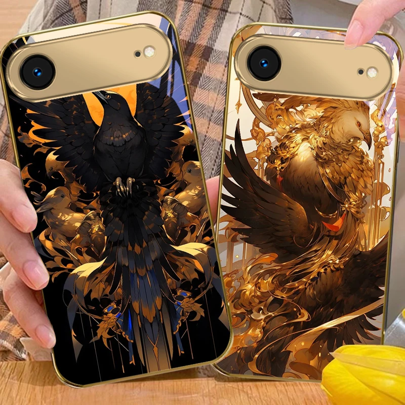 Funda de teléfono de cristal dorado con diseño de pájaro gigante para iPhone Air 17 Pro Max 16 15 Pro 14 13Plus 12mini 11 17Air XR 16E 17ProMax
