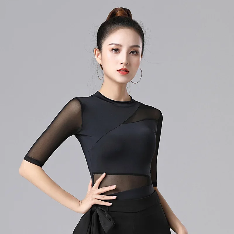 Modern dance clothes women's new physical Latin dance practice clothes, tops, mesh yarn